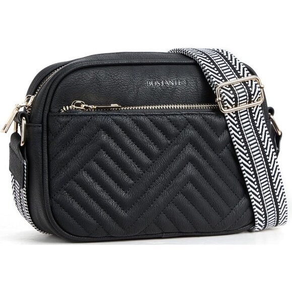 Handbags - Quilted Vegan Leather Crossbody Black Bag Women Wide Strap and Shoulder Use